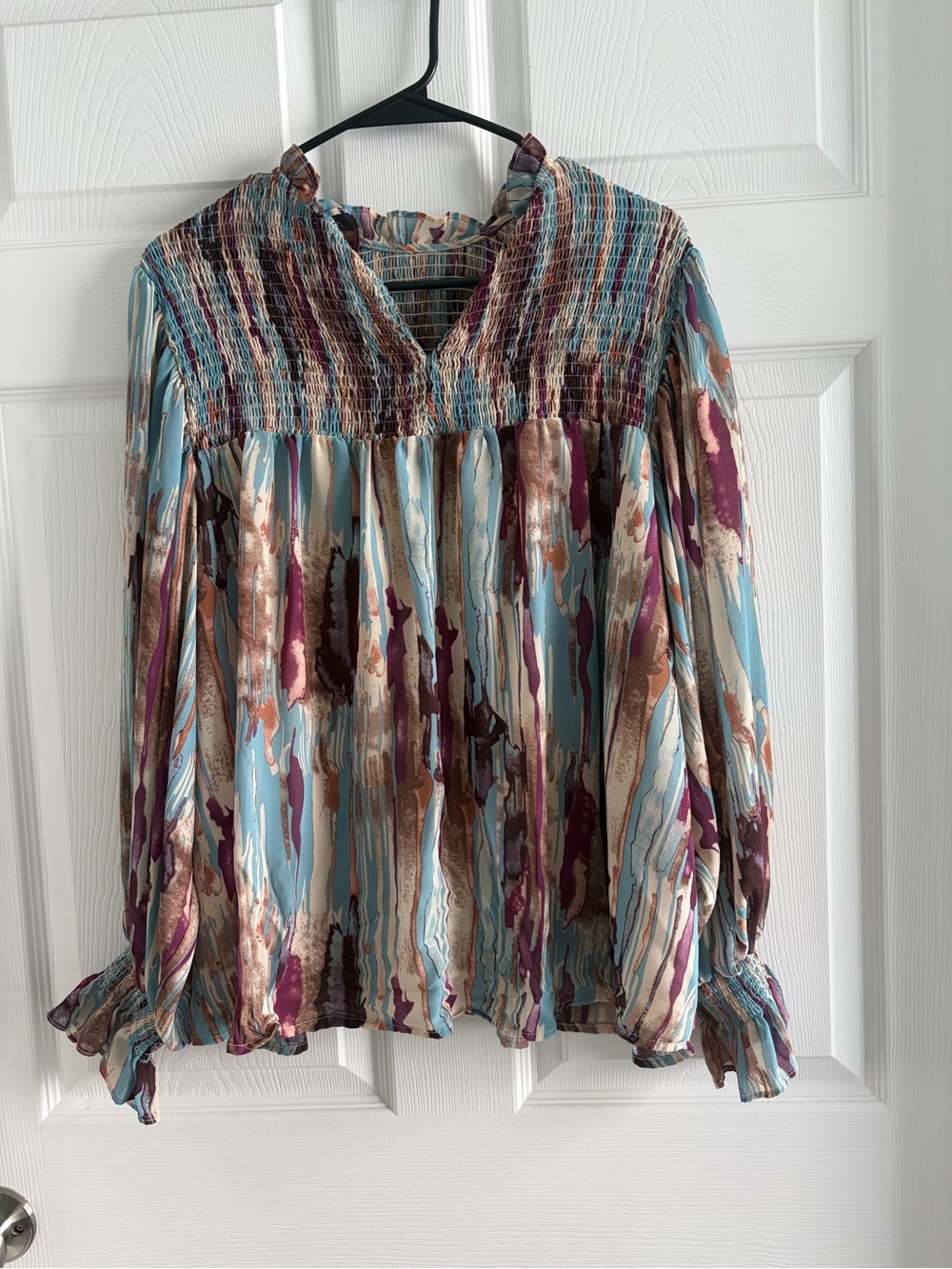 Smocked Yoke Long-Sleeve Blouse in Blue Multi